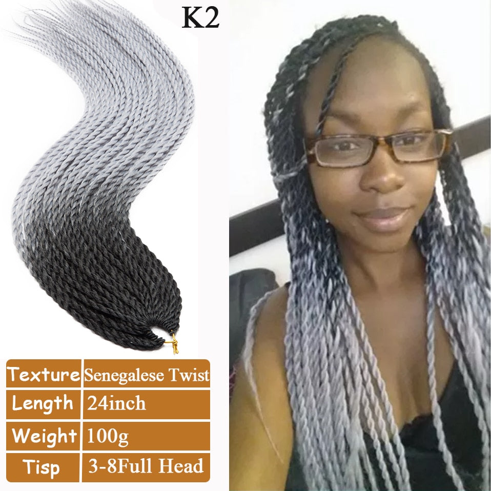 Senegalese Twist Crochet Hair For 24 Inch Long Pre Twisted Crochet Small  Twisted Braids 30 Strands/Pack Ombre Black Grey